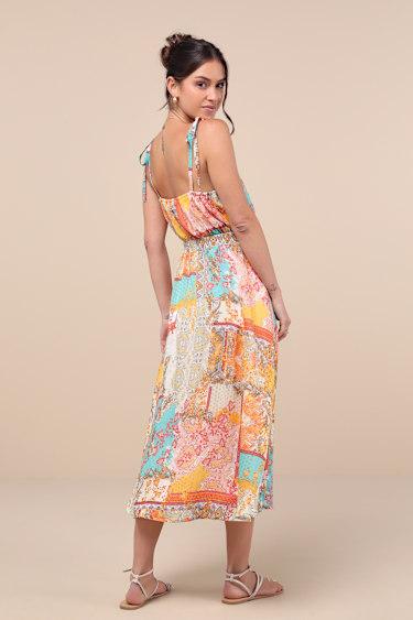 Charming Cuteness Multi Paisley Print Tie-Strap Midi Dress Product Image