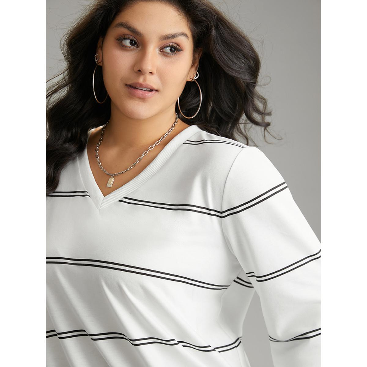 Plus Size Rib Knit Striped V Neck Sweatshirt Women White Casual Rib Knit V-neck Dailywear Sweatshirts BloomChic 14-16/1X Product Image