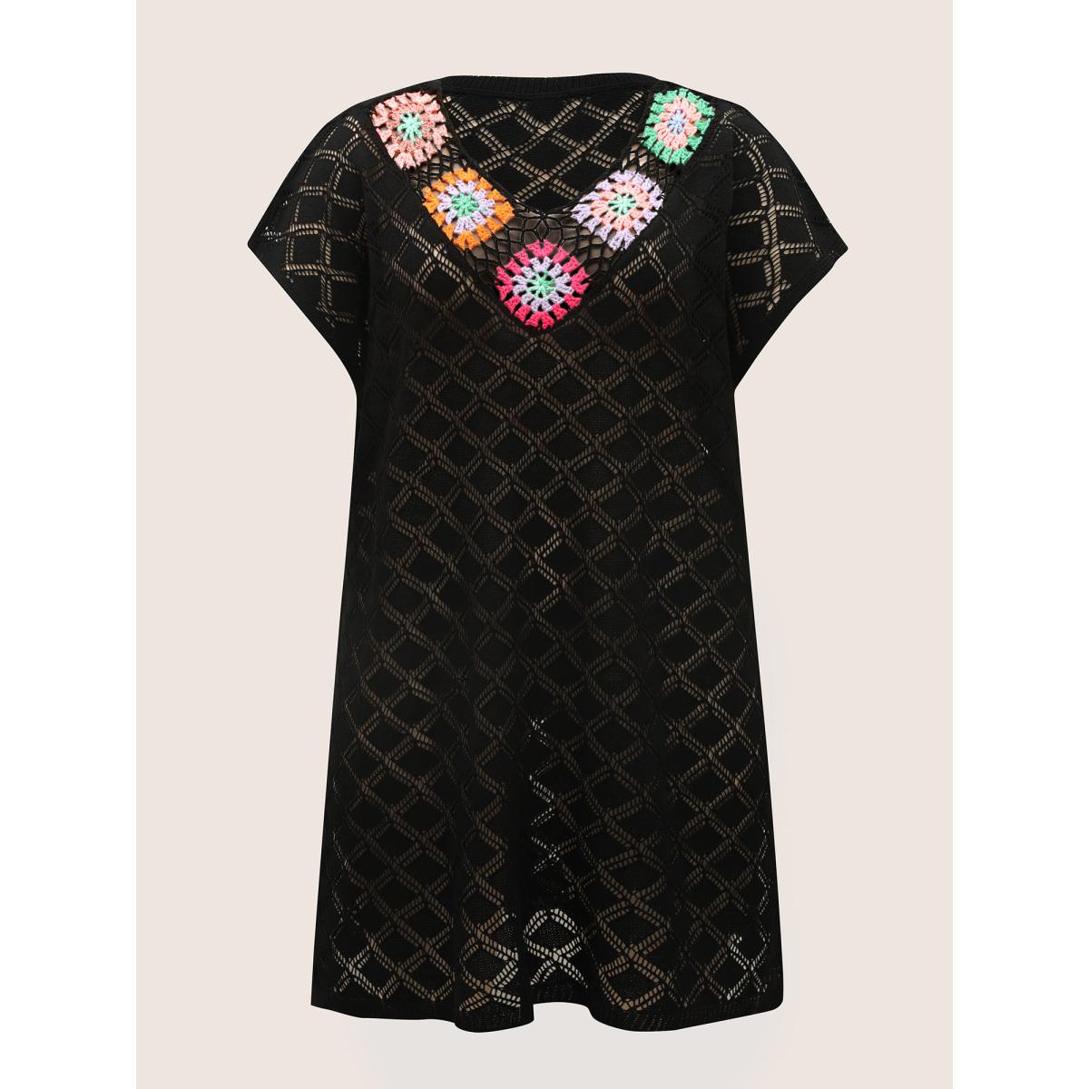 Plus Size Crochet Floral Split Side Dolman Sleeve Swim Cover Up Women's Swimwear Black Beach Loose Crochet Curve Swim Cover Ups BloomChic 28/5X Product Image
