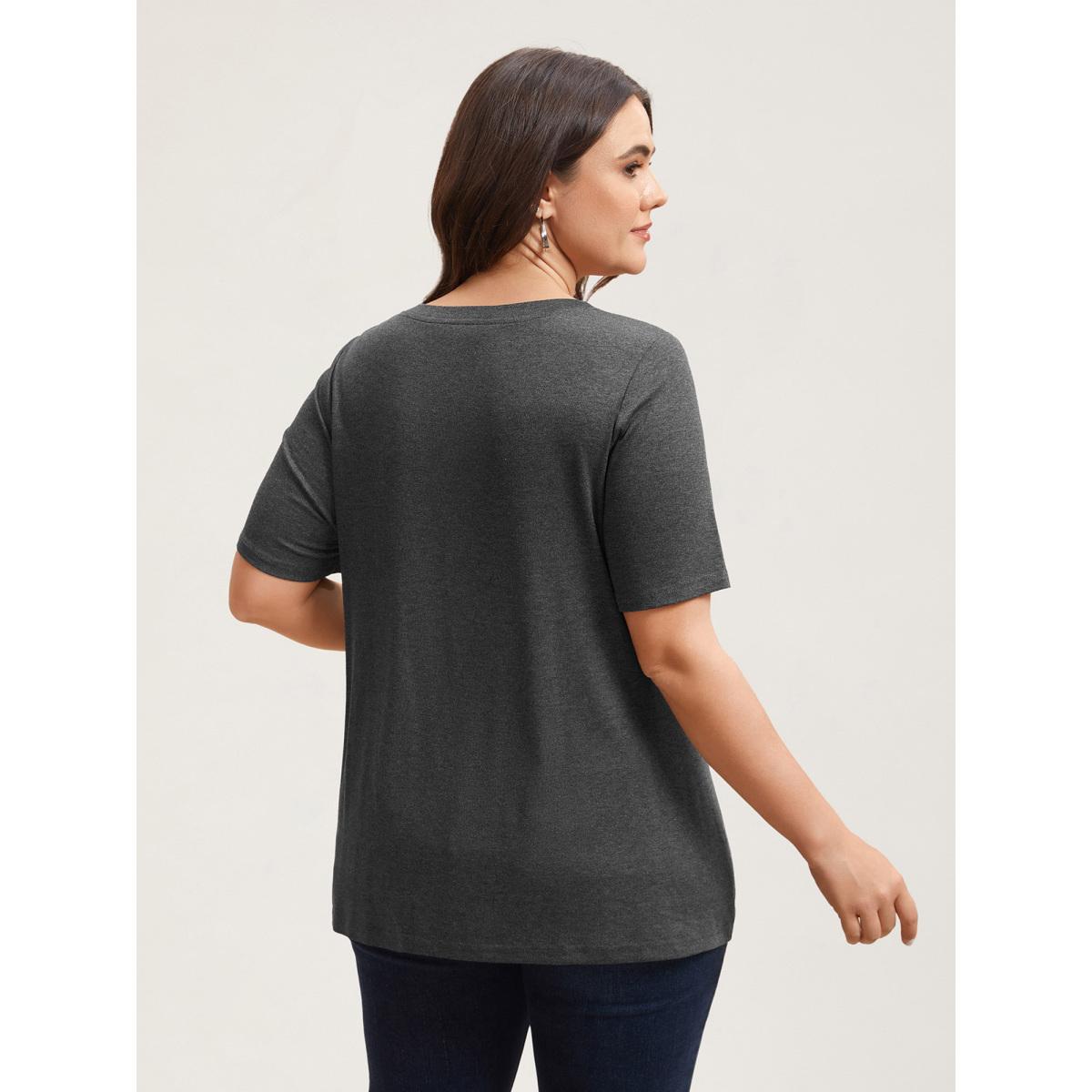 Plus Size Adjustable Neck Coverage Button Placket T-Shirt DimGray Women Leisure Button V-neck Casual T-shirts BloomChic 26/4X Product Image