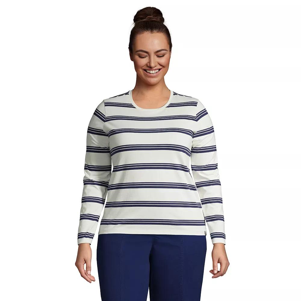 Plus Size Lands' End Long Sleeve Relaxed Supima Cotton Crewneck Tee, Women's, Size: 2XL, Ivory Founder Stripe Product Image