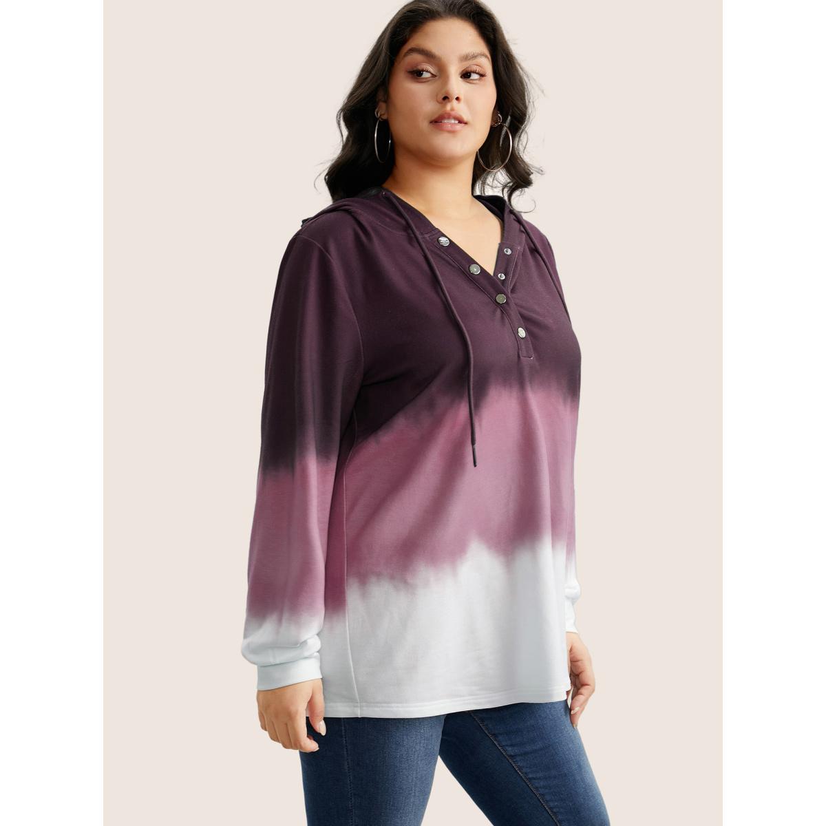 Plus Size Tie Dye Button Up Hooded Drawstring Sweatshirt Women Purple Casual Button Hooded Everyday Sweatshirts BloomChic 22-24/3X Product Image