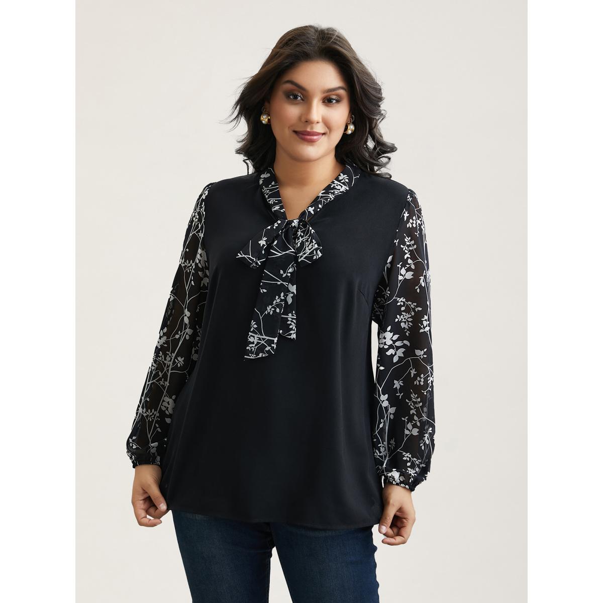Plus Size Black Floral Patchwork Neck-Tie Blouse Women Elegant Extra Long Sleeve Ribbon-tied collar Everyday Blouses BloomChic 18-20/2X Product Image