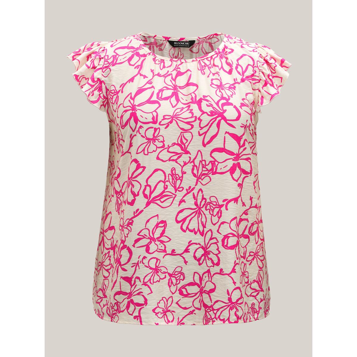 Plus Size Peach Floral Print Flutter Sleeve Blouse Women Cap Sleeve Round Neck Everyday-Elegant Blouses BloomChic 14-16/1X Product Image