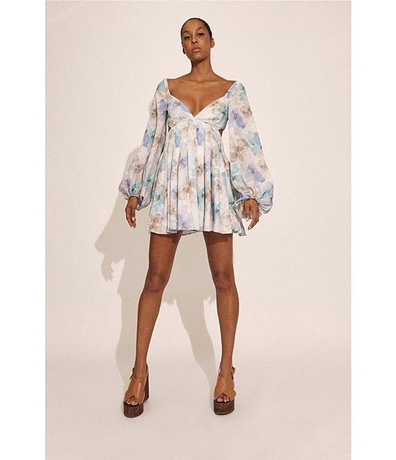 Bardot Jovie V-Neck Cut Out Back Long Puff Sleeve Floral Printed Babydoll Dress Product Image