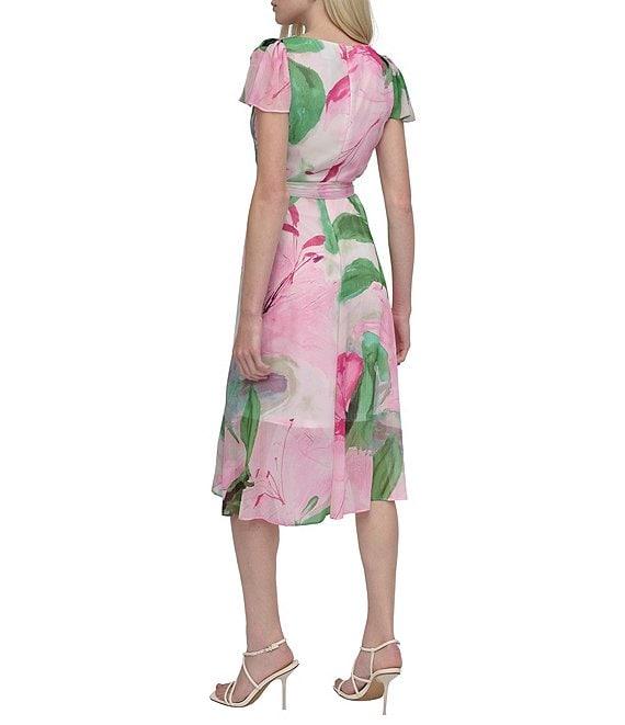DKNY By Donna Karan Woven Floral Print V Neck Short Flutter Sleeve Wrap Dress Product Image