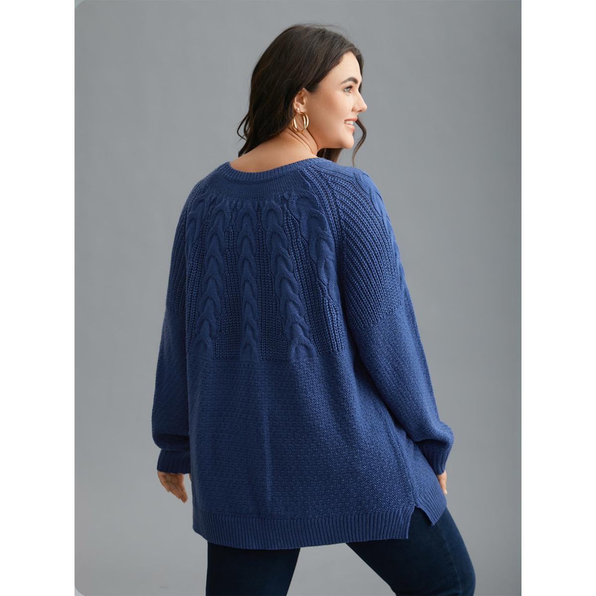 Plus Size Cable Knit Raglan Sleeve Round Neck Pullover Cerulean Women Casual Loose Long Sleeve Round Neck Everyday Pullovers BloomChic 26/4X Product Image