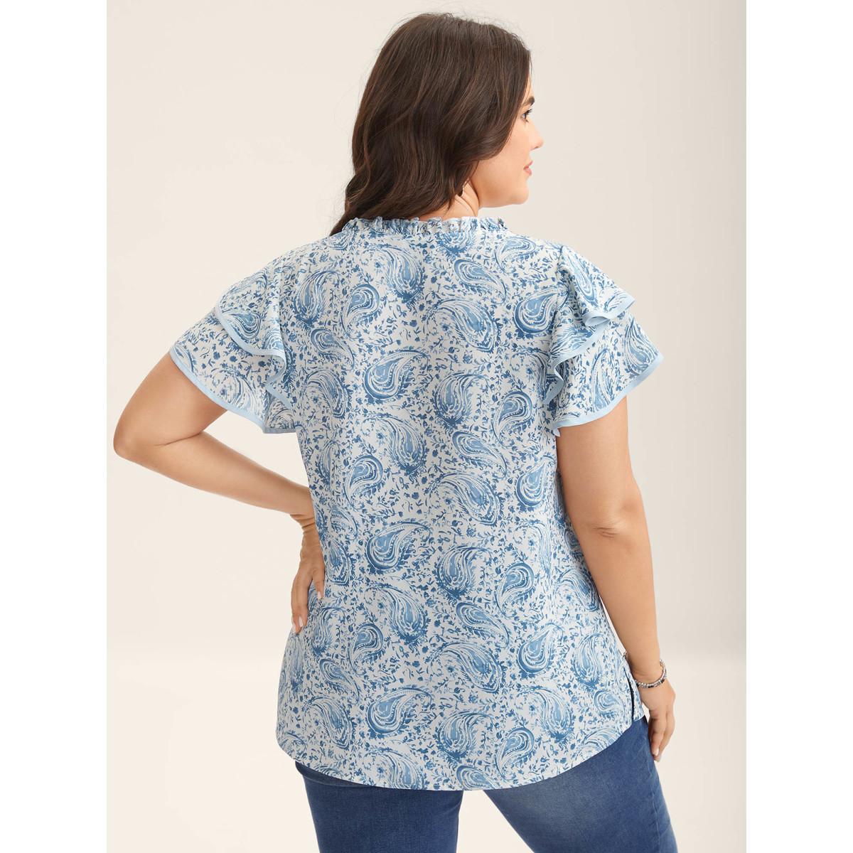 Plus Size LightBlue Paisley Print Ruffled Layered Sleeve Blouse Women Boho Cap Sleeve Round Neck Vacation Blouses BloomChic 22-24/3X Product Image