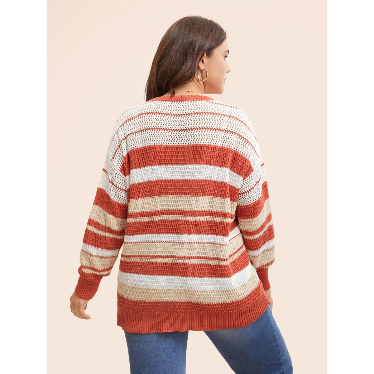 Plus Size Striped Contrast Cut Out Drop Shoulder Pullover Rust Women Playful Long Sleeve Round Neck Casual Pullovers BloomChic 14-16/1X Product Image