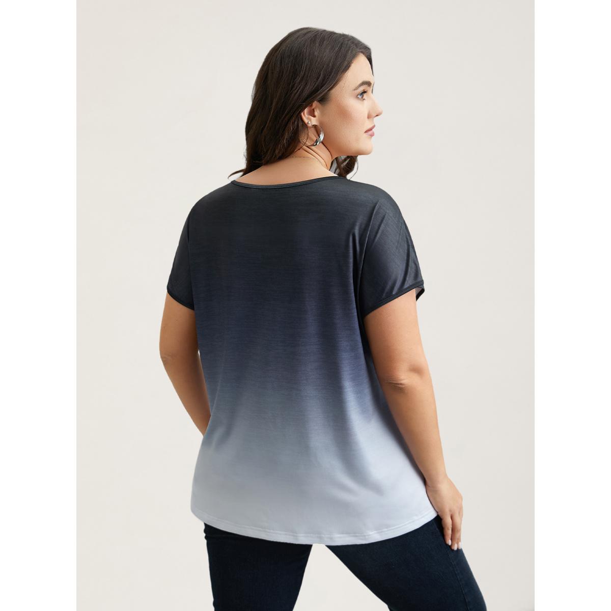 Plus Size Gradient Tie-Dye Stretchy V-Neck T-Shirt Indigo Women Casual Non V-neck Everyday T-shirts BloomChic 26/4X Product Image