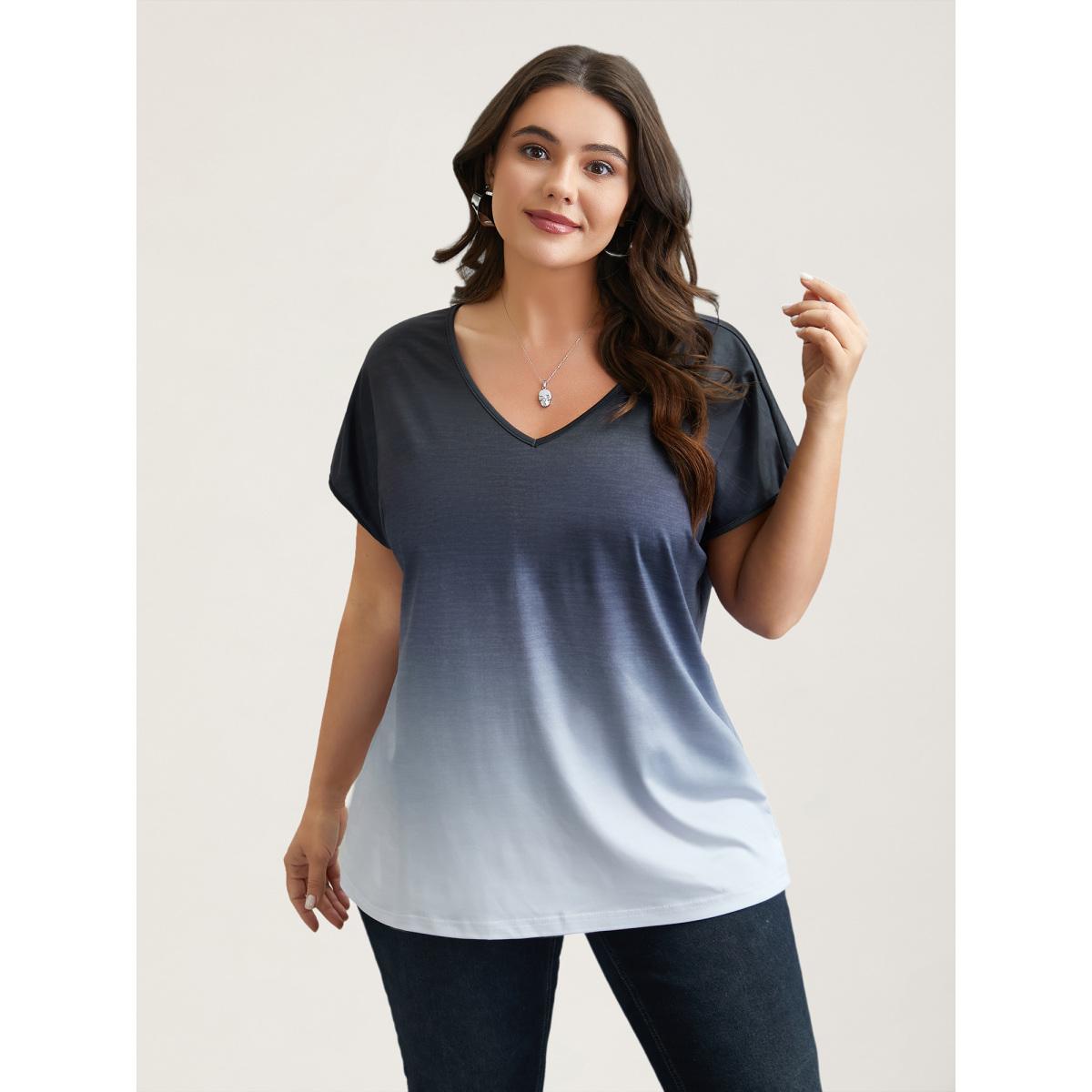 Plus Size Gradient Tie-Dye Stretchy V-Neck T-Shirt Indigo Women Casual Non V-neck Everyday T-shirts BloomChic 26/4X Product Image