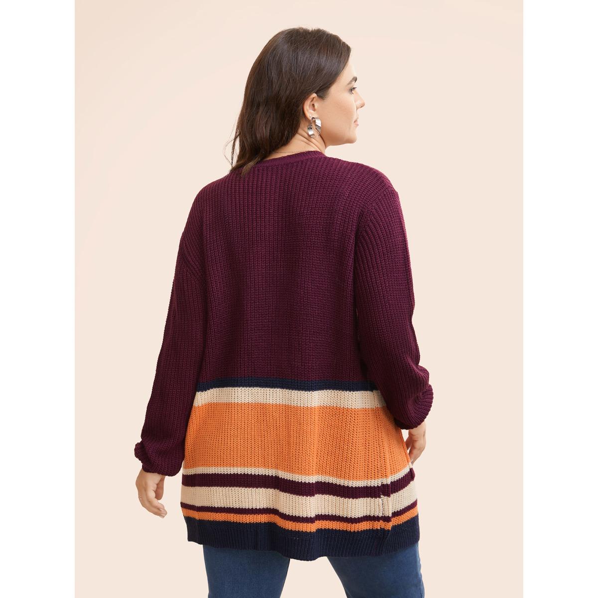 Plus Size Colorblock Contrast Patched Pocket Open Front Cardigan Plum Women Casual Loose Long Sleeve Everyday Cardigans BloomChic 28/5X Product Image
