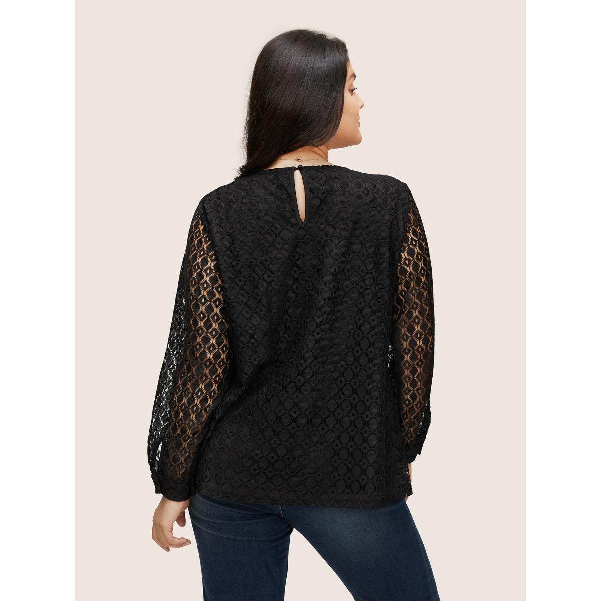 Plus Size Black Geometric Lace Panel Round Neck Blouse Women Elegant Long Sleeve Round Neck Party Blouses BloomChic 22-24/3X Product Image