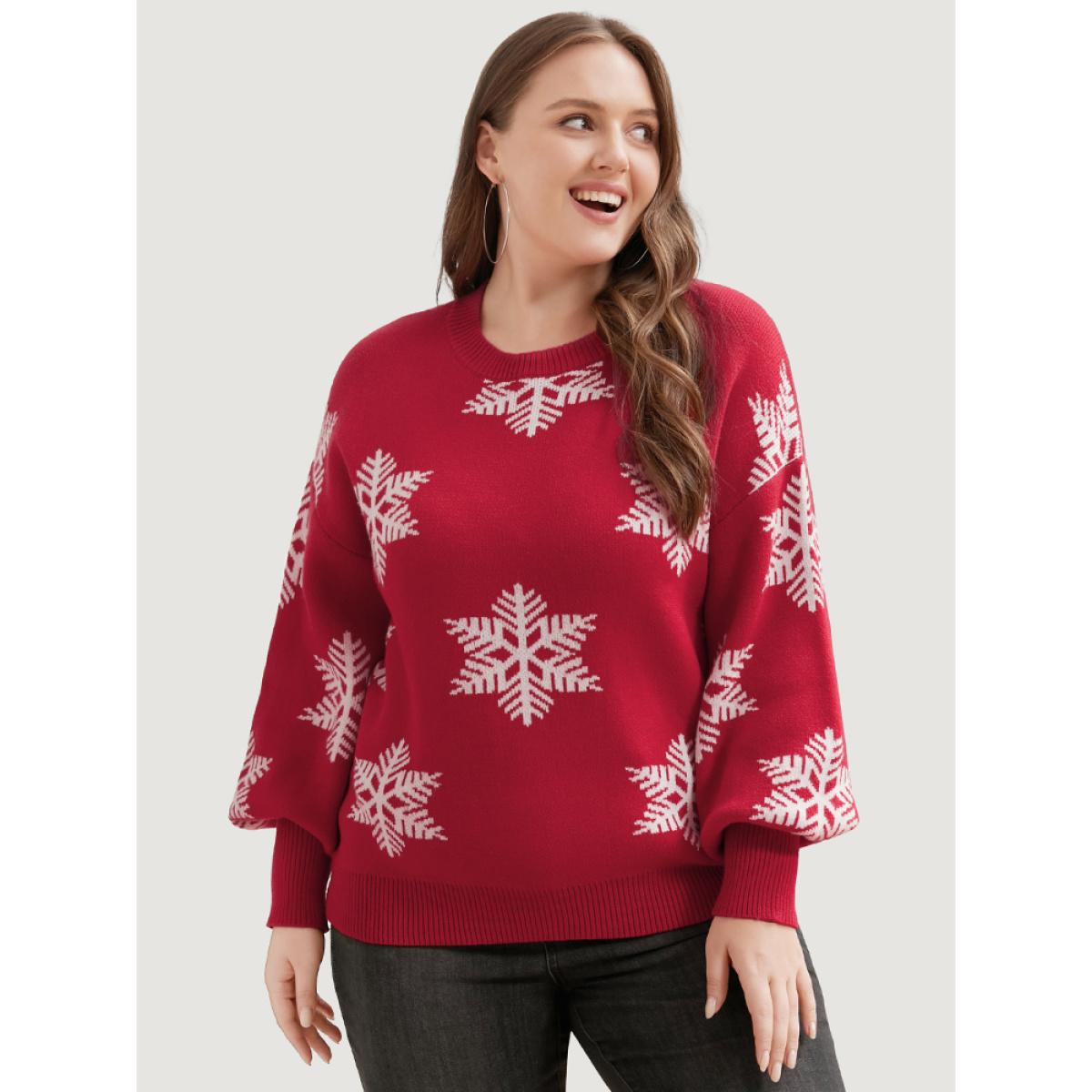 Plus Size Snowflake Super Soft Plush Knit Lantern Sleeve Jacquard Knit Top Red Women Casual Loose Long Sleeve Dailywear Pullovers BloomChic 28/5X Product Image
