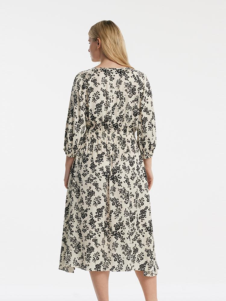 Camellia Print Gathered Waist Women Midi Dress Product Image