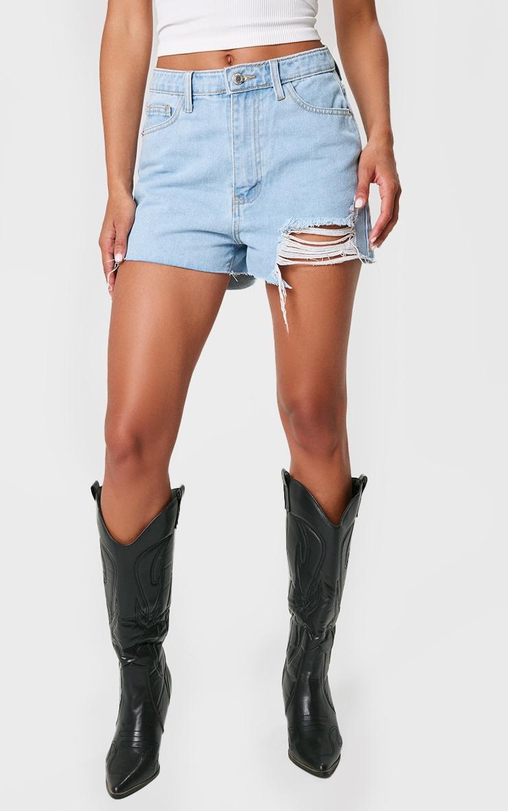 PRETTYLITTLETHING Vintage Wash Ripped Denim Mom Shorts Product Image
