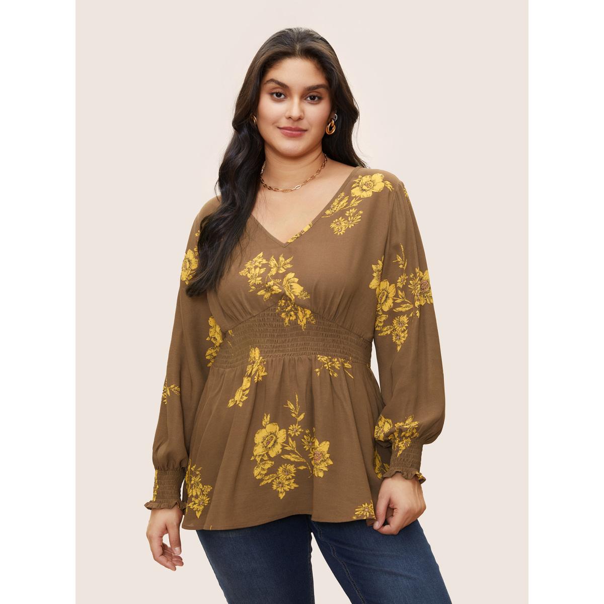 Plus Size Bronze Shirred Floral Elastic Waist Lantern Sleeve Blouse Women Elegant Long Sleeve V-neck Everyday Blouses BloomChic 26/4X Product Image