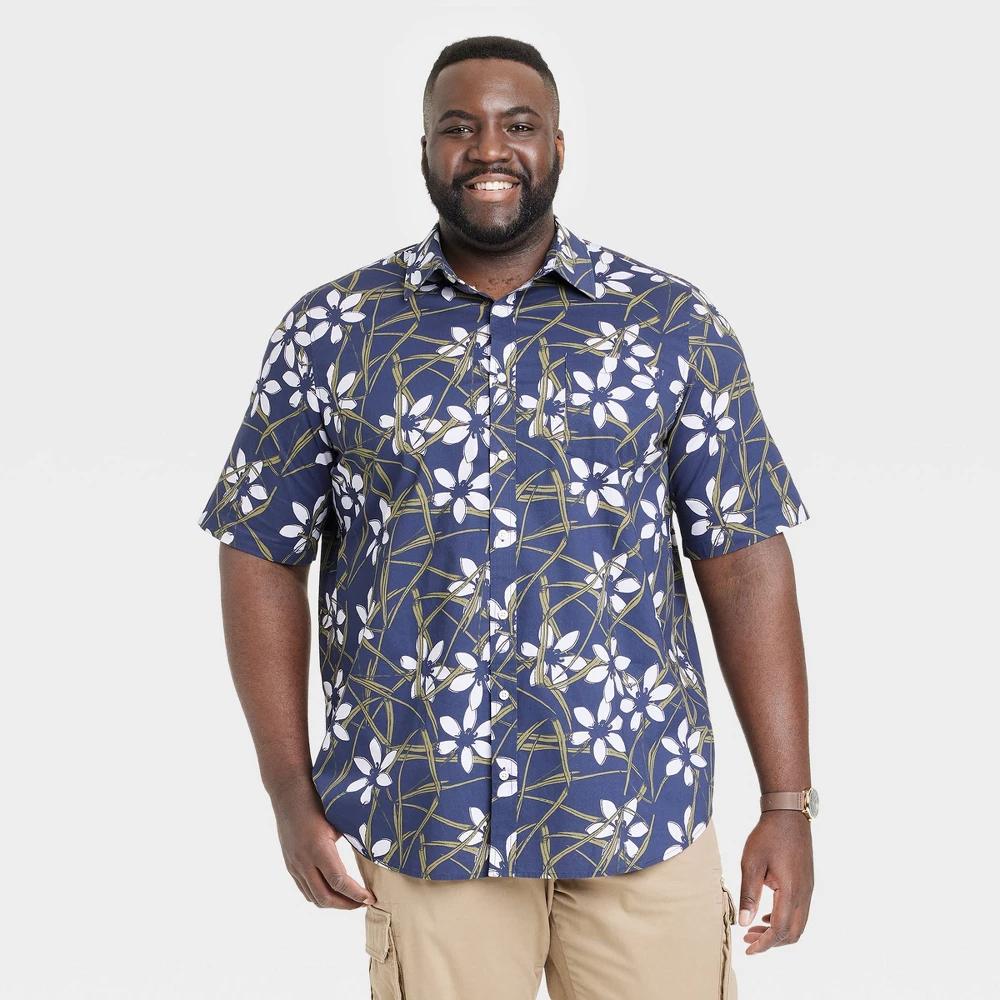 Men's Floral Short Sleeve Poplin Button-Down Shirt - Goodfellow & Co™ Navy Blue S: Slim Fit, Cotton-Spandex Blend, Front Pocket Product Image