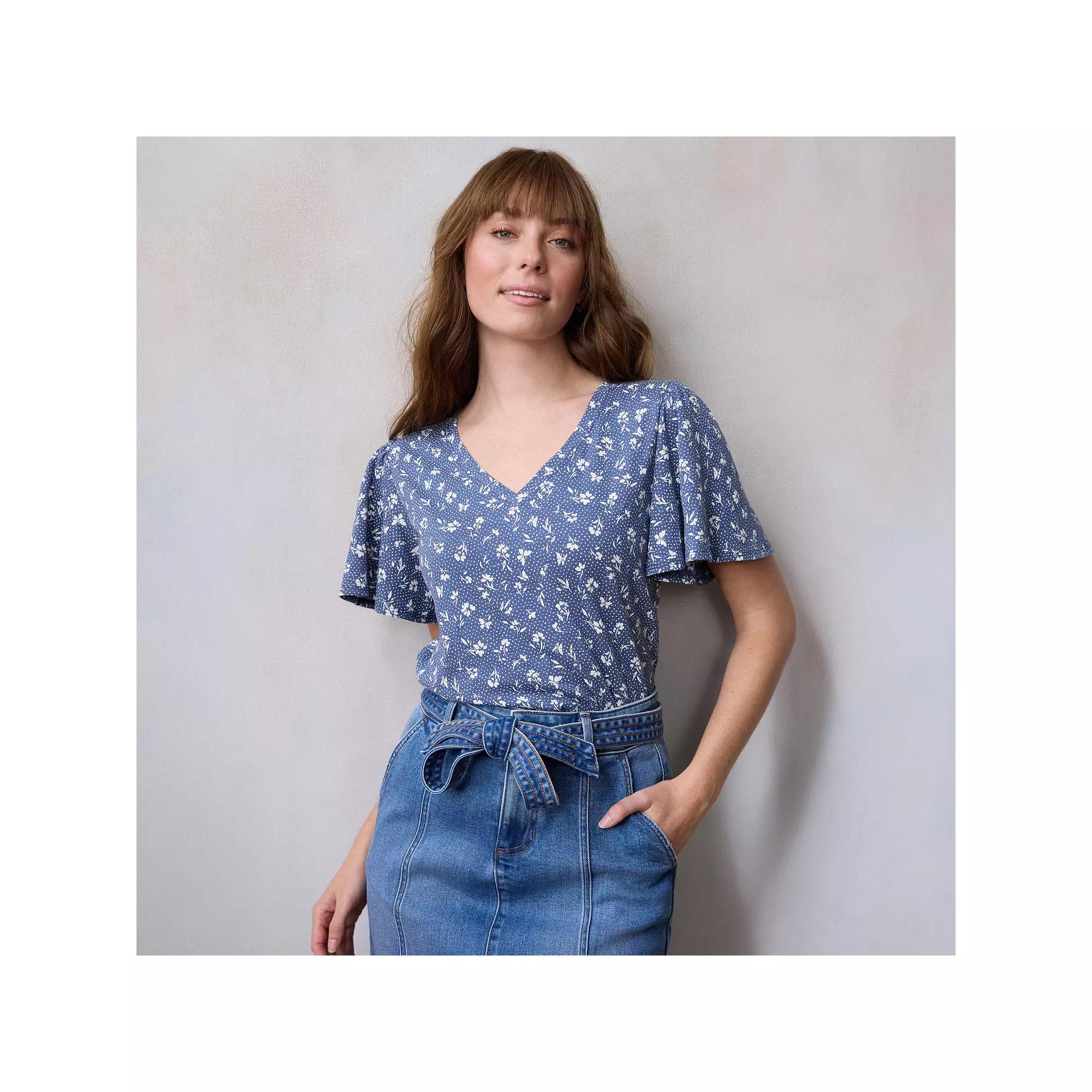 Women's LC Lauren Conrad V-Neck Flutter Sleeve Top, Size: Large, Blue Dottie Fleur Product Image
