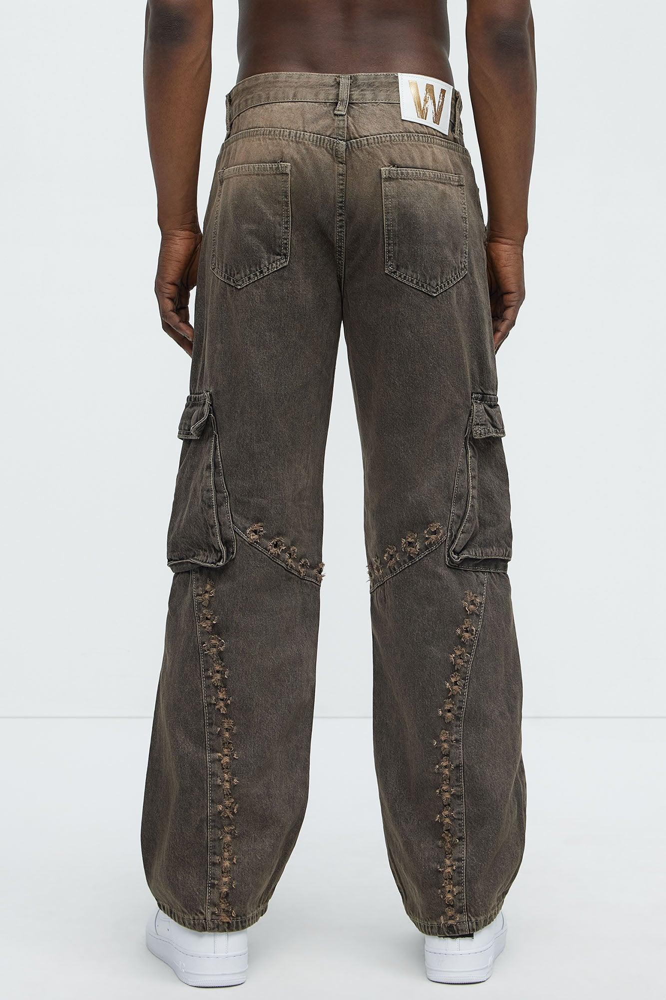 Baggy Distressed Eyelets Cargo Jeans - Brown Product Image