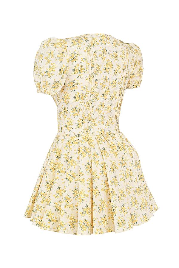 Imani  buttercup vintage floral print pleated cotton mini dress Product Image