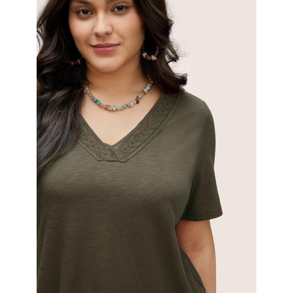 Plus Size Plain V Neck Lace Panel T-shirt ArmyGreen Women Elegant Non Plain V-neck Everyday T-shirts BloomChic 22-24/3X Product Image