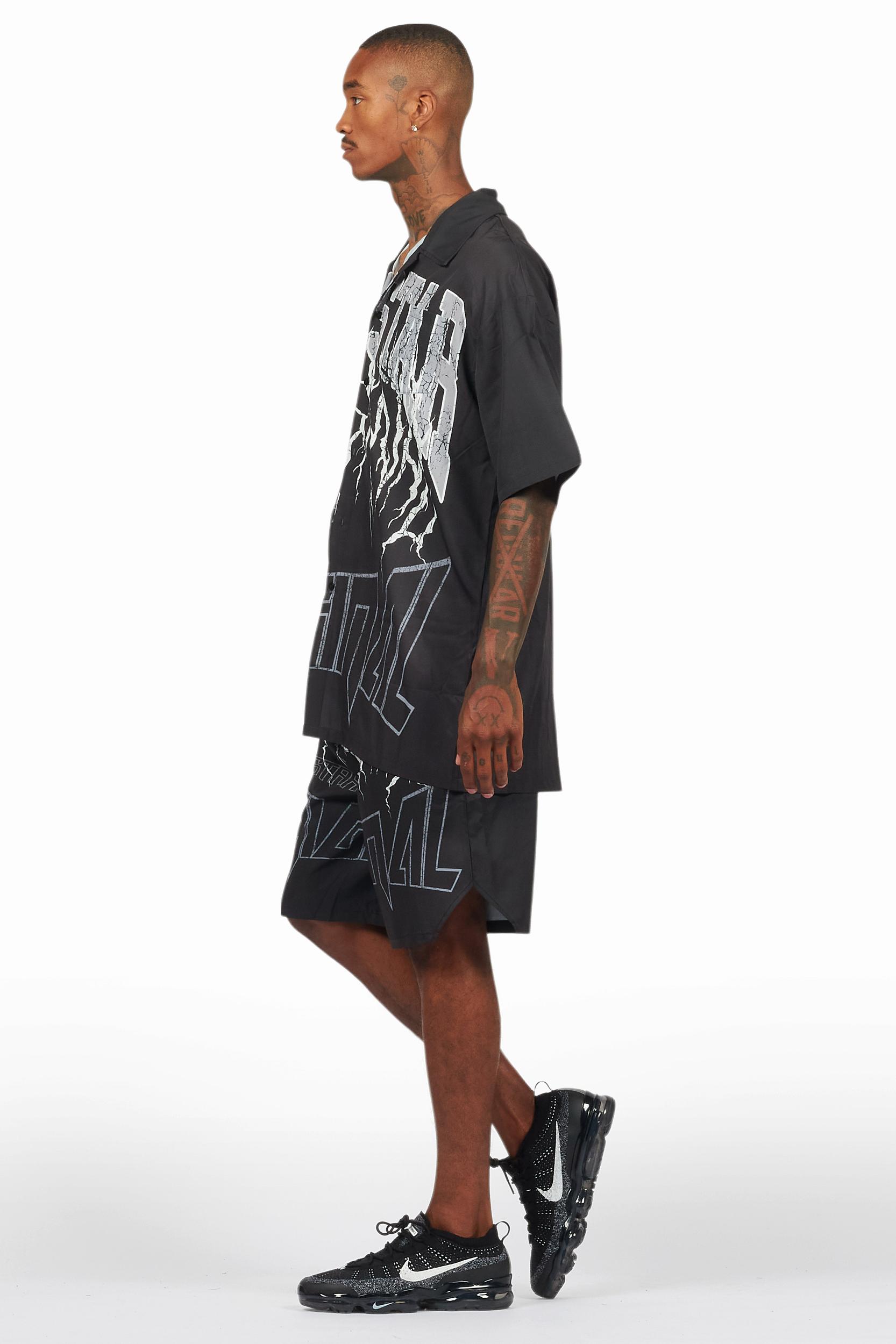 Hustle Black Button Down Short Set Male Product Image
