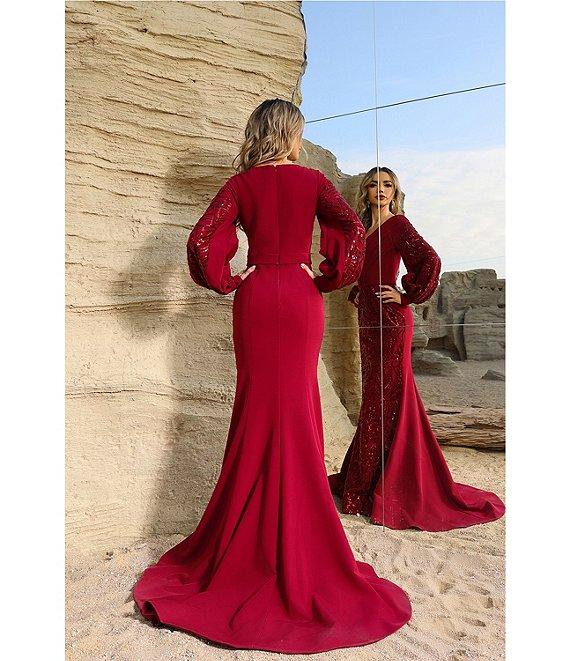 Terani Couture Belted V-Neck Long Bishop Sleeves Sequined Two Way Stretch Satin Mermaid Gown Product Image
