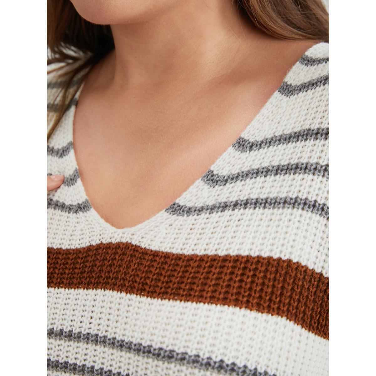Plus Size Striped Contrast Pointelle Knit Split Hem Knit Top Multicolor Women Casual Loose Long Sleeve V-neck Dailywear Pullovers BloomChic 14-16/1X Product Image