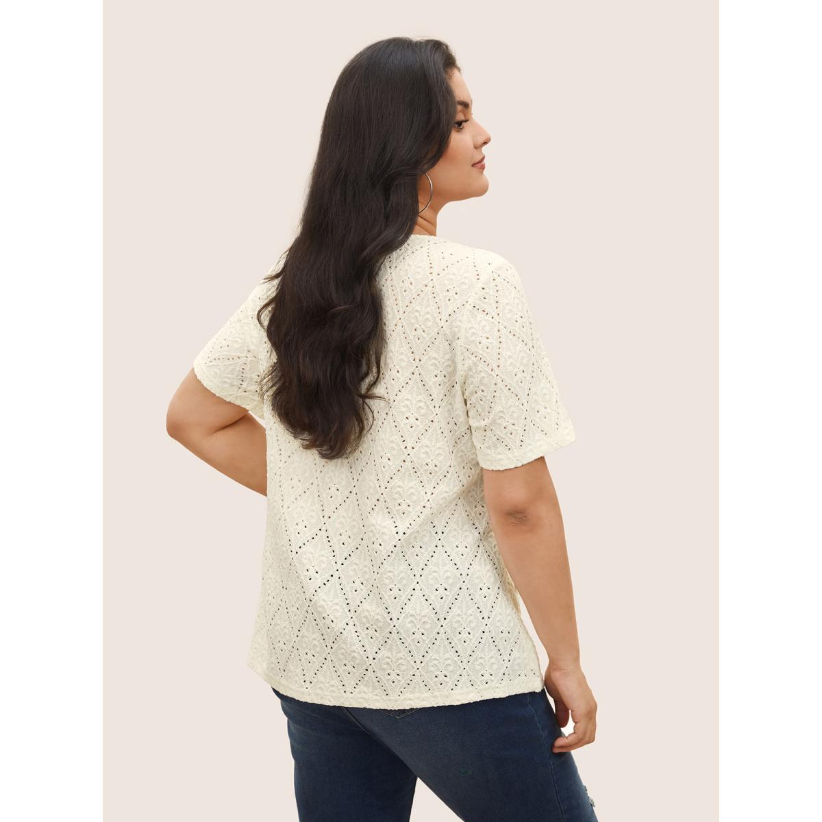 Plus Size Solid Plisse V Neck Button Detail T-shirt White Women Casual Texture Plain V-neck Everyday T-shirts BloomChic 10/M Product Image