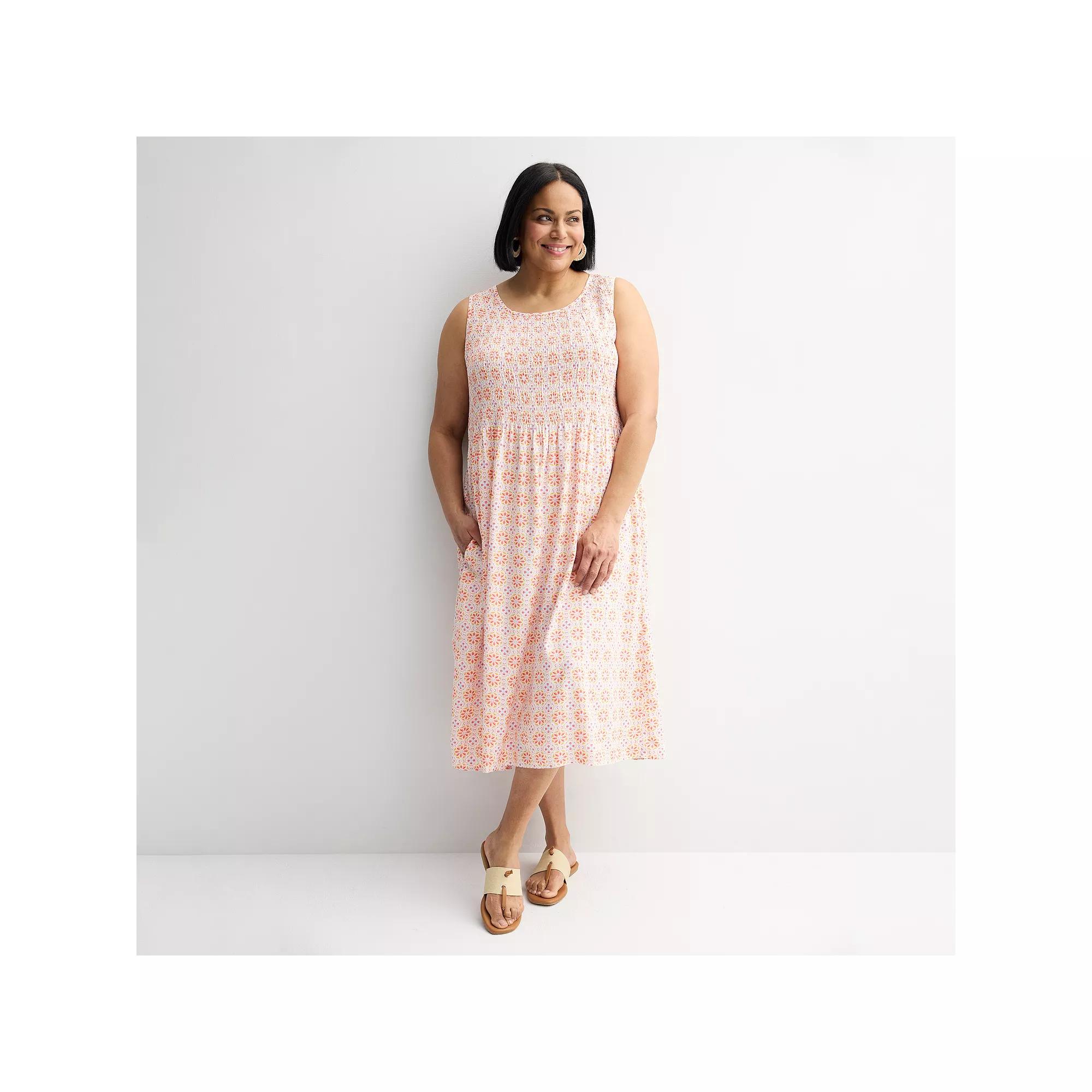 Plus Size Croft & Barrow® Smocked Midi Dress, Women's, Size: 0X, Orange Tile Block Product Image