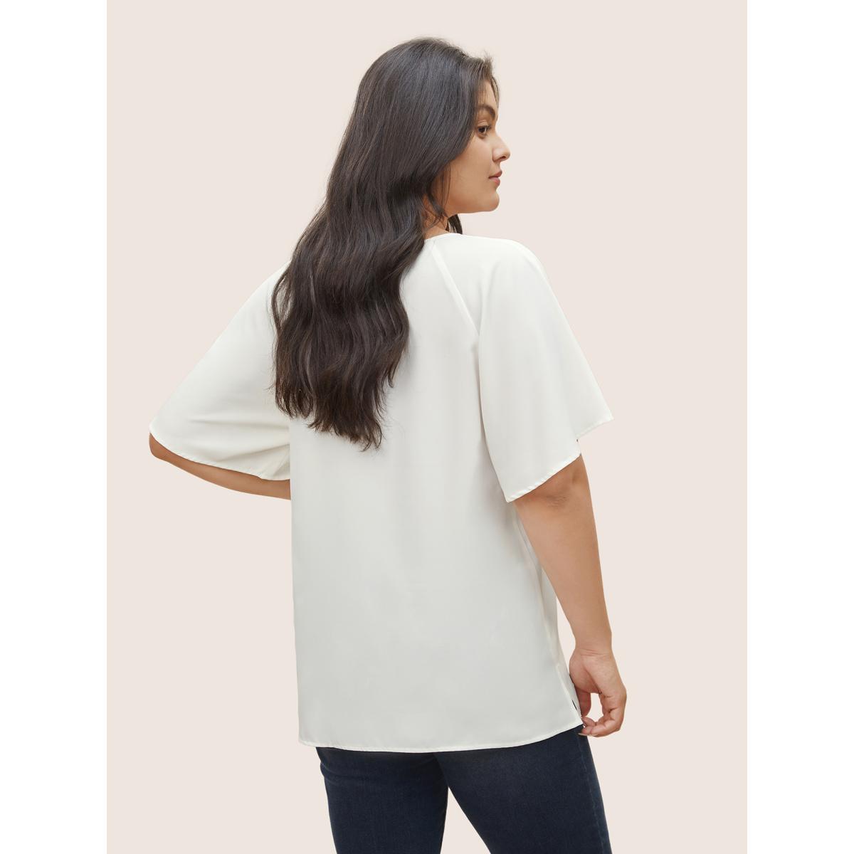 Plus Size Ivory Solid Lace Panel Keyhole Ruffle Sleeve Blouse Women Work From Home Short sleeve Round Neck Work Blouses BloomChic 28/5X Product Image