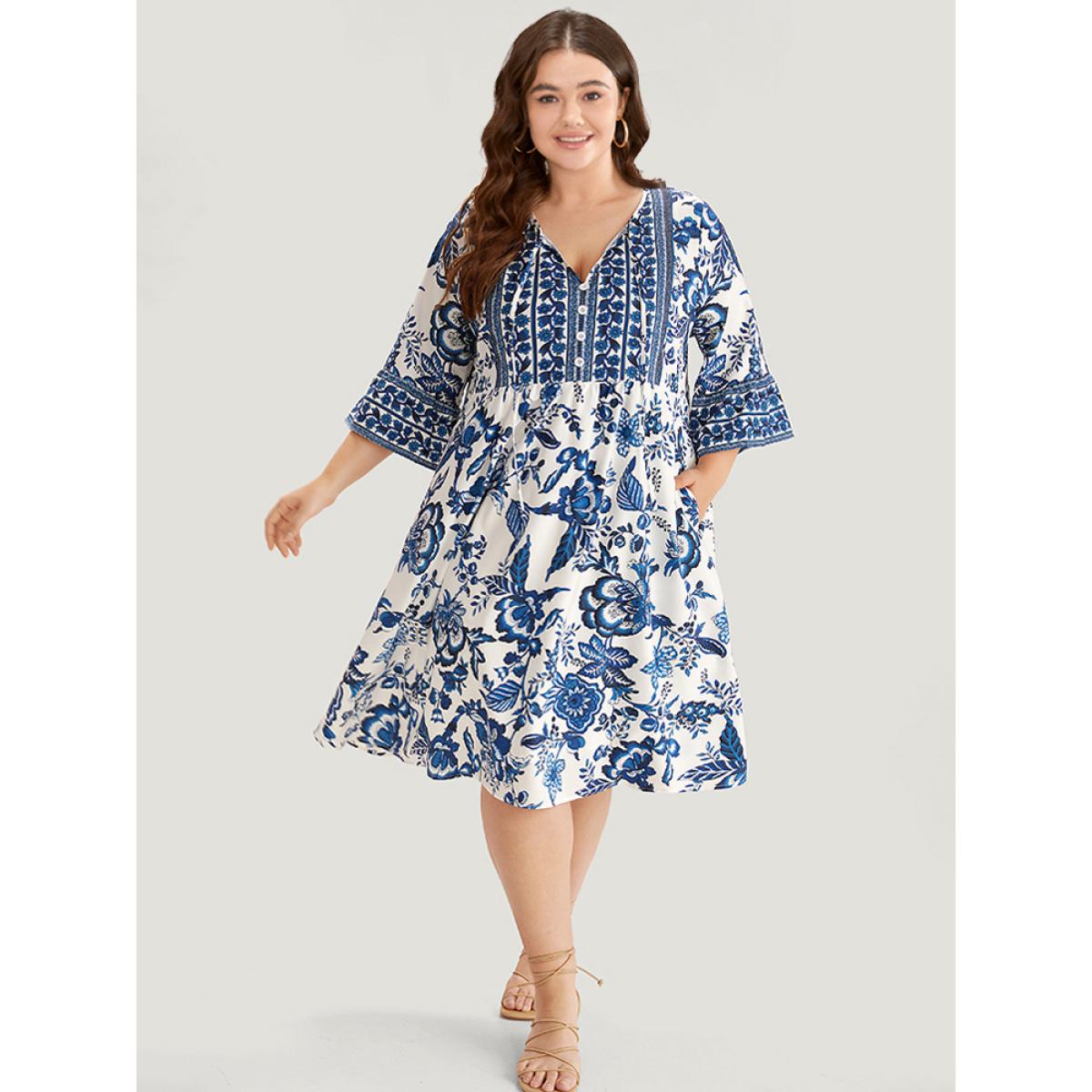 Plus Size Bandana Print Knot Neck Button Detail Dress DarkBlue Women Vacation Cross straps V-neck Elbow-length sleeve Curvy Midi Dress BloomChic 22-24/3X Product Image