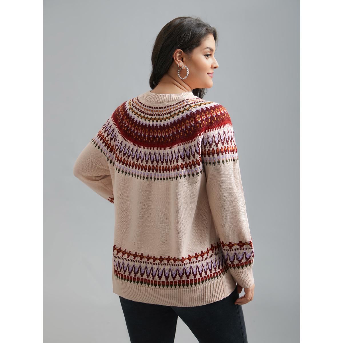 Plus Size Round Neck Bandana Color Contrast Pullover Apricot Women Casual Loose Long Sleeve Round Neck Everyday Pullovers BloomChic 14-16/1X Product Image