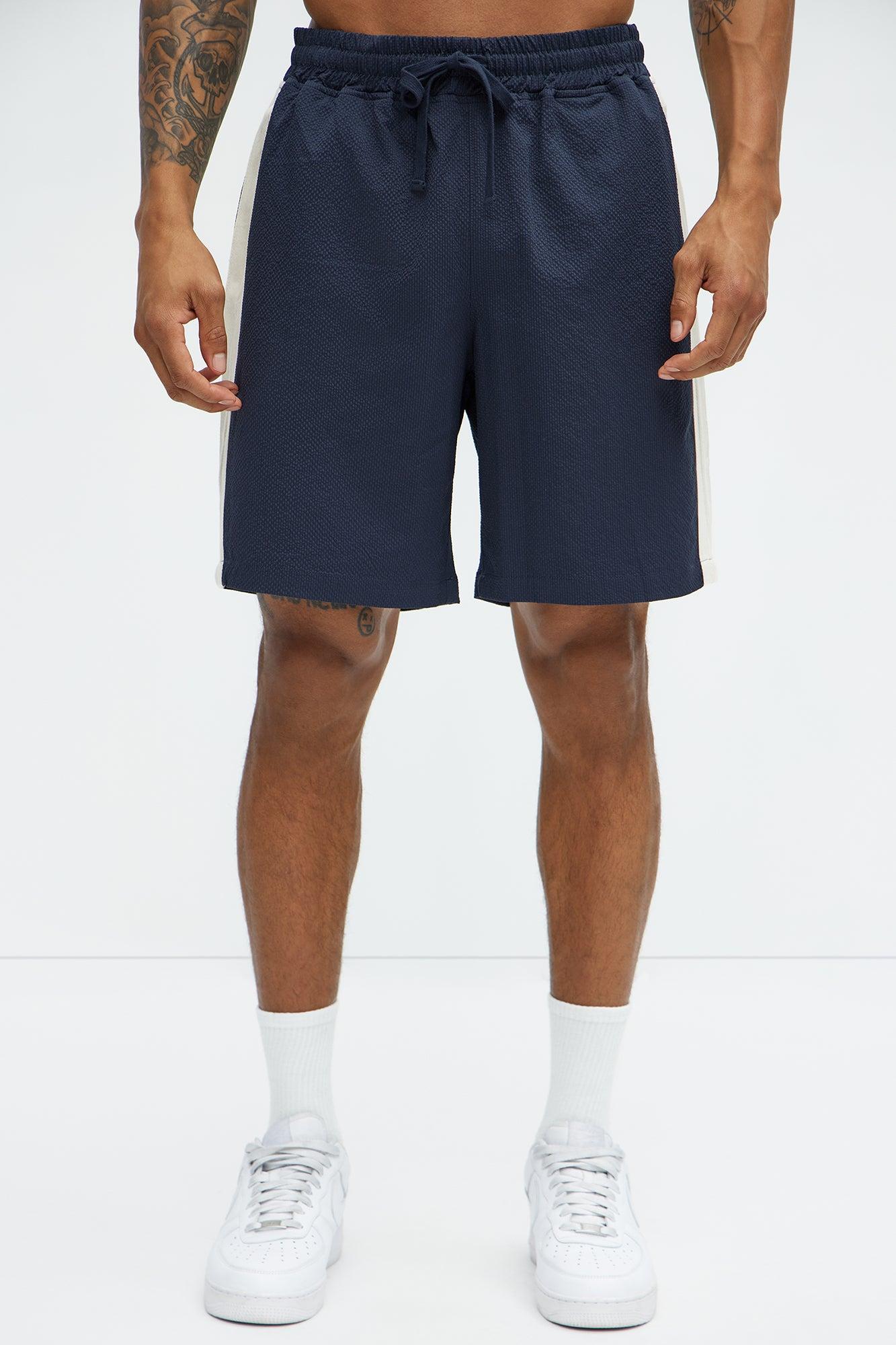 Crinkle Texture Taped Relaxed Shorts - Navy Product Image