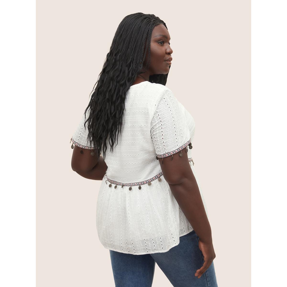 Plus Size White Broderie Anglaise Patchwork Tassel Trim Blouse Women Resort Short sleeve Round Neck Vacation Blouses BloomChic 10/M Product Image