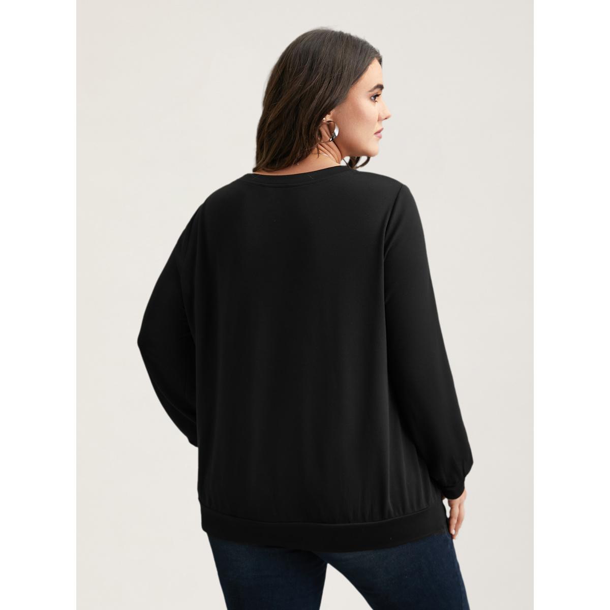 Plus Size Crew Neck Celestial Print Stretch Sweatshirt Women Black Casual Non Round Neck Everyday Sweatshirts BloomChic 10/M Product Image