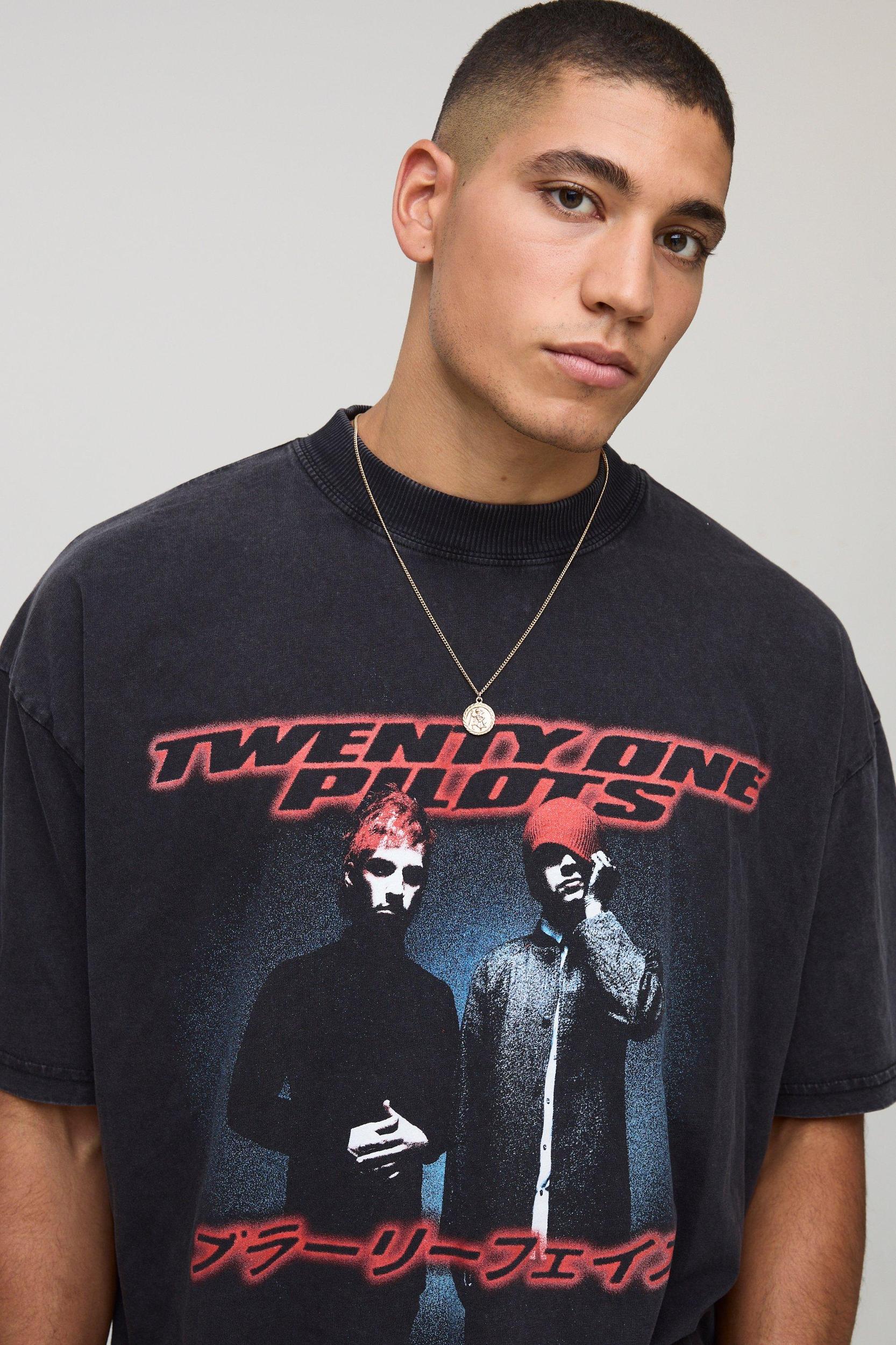 Black Oversized Twenty One Pilots Acid Wash License T-Shirt | boohooMAN USA Product Image