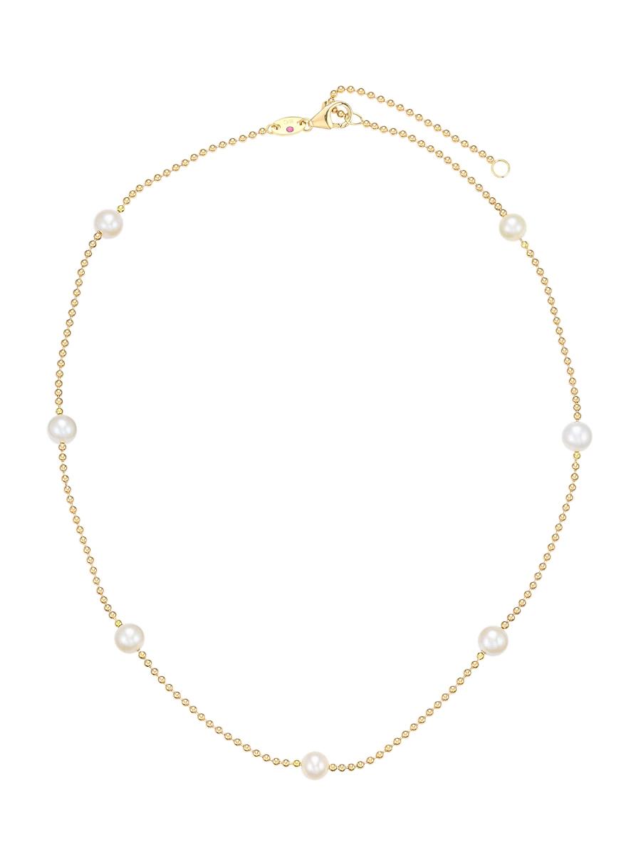 Womens 18K Yellow Gold & 4MM Pearl Station Beaded Chain Necklace Product Image