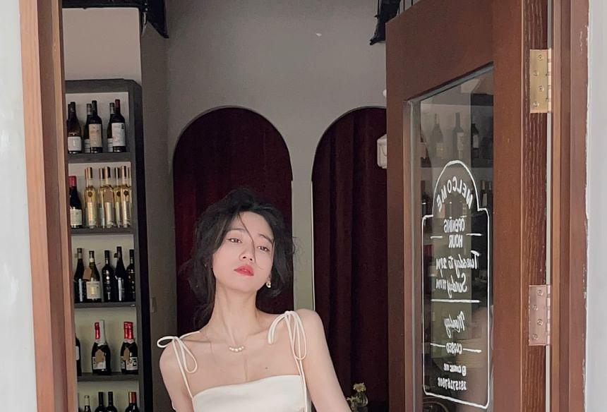 Spaghetti Strap Satin Midi A-Line Dress Product Image