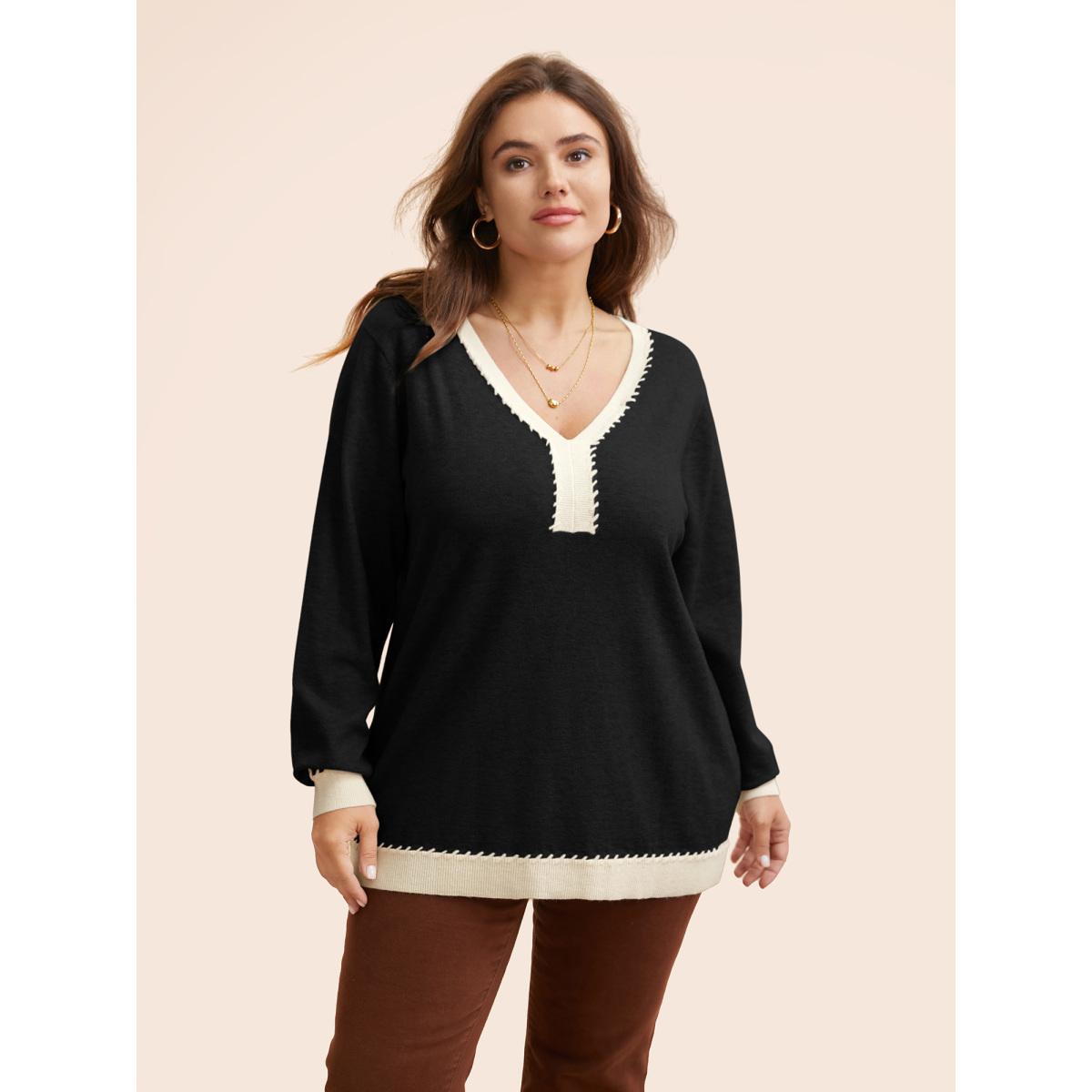 Plus Size Supersoft Essentials V Neck Contrast Crochet Pullover Black Women Casual Long Sleeve V-neck Everyday Pullovers BloomChic 14-16/1X Product Image