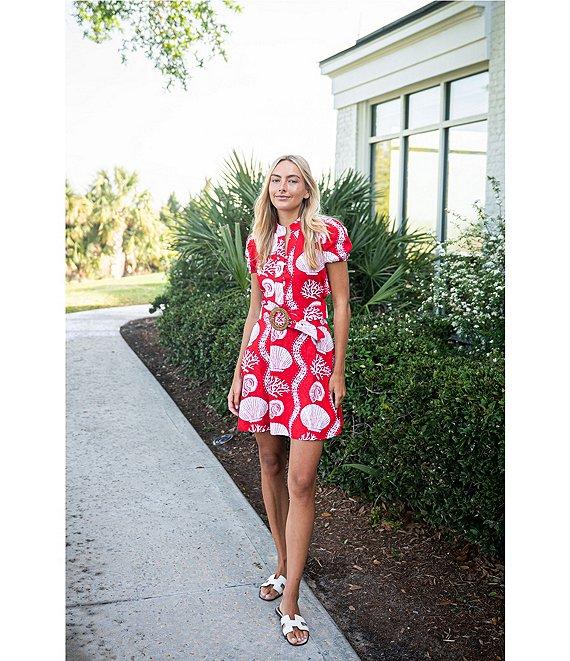 SAIL to SABLE Sea Stripe Print Mandarin Collar Short Puff Sleeve Belted Shirt Dress Product Image