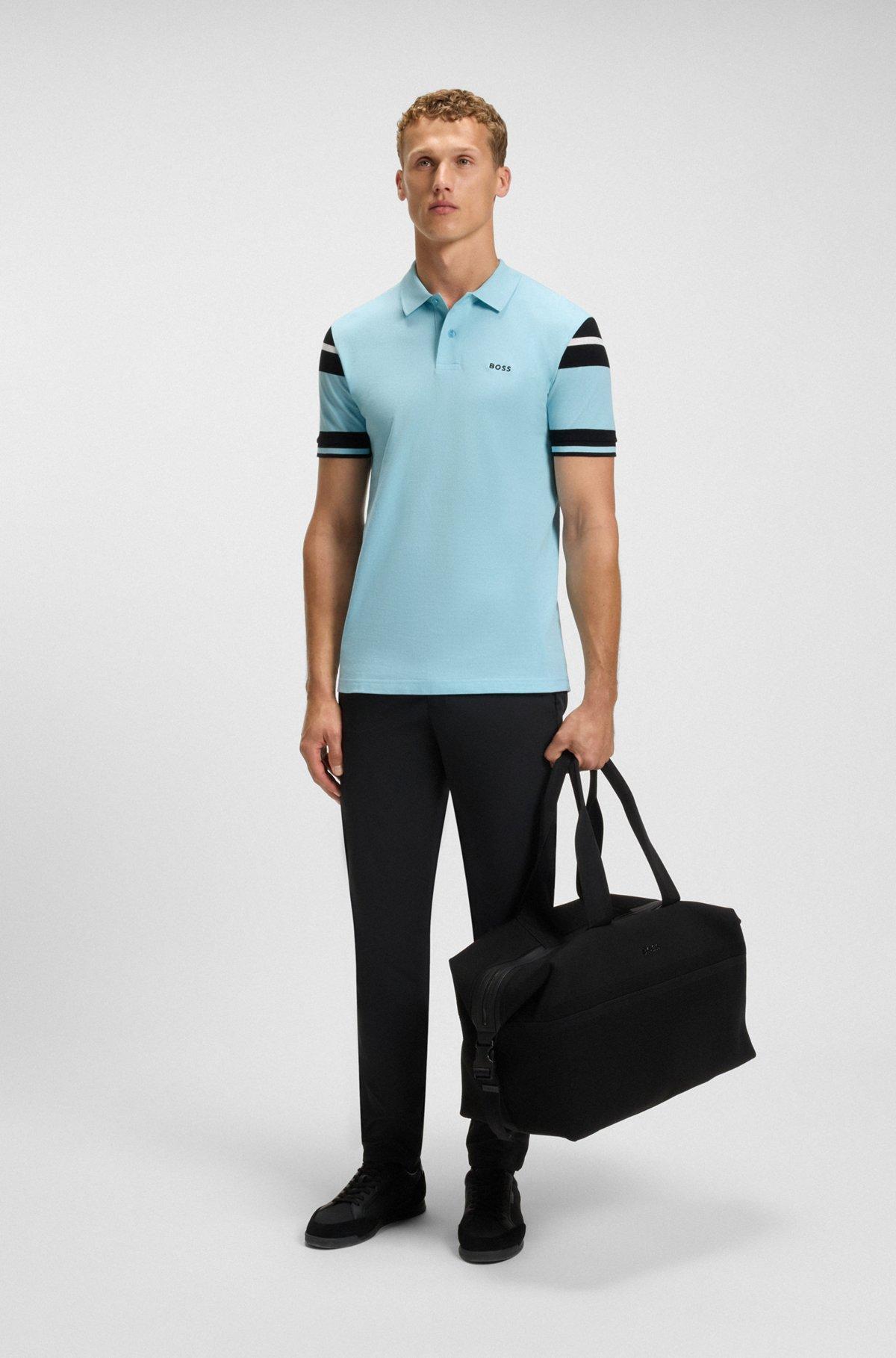 BOSS - Slim-fit polo shirt in cotton with block stripes - Light Blue Product Image