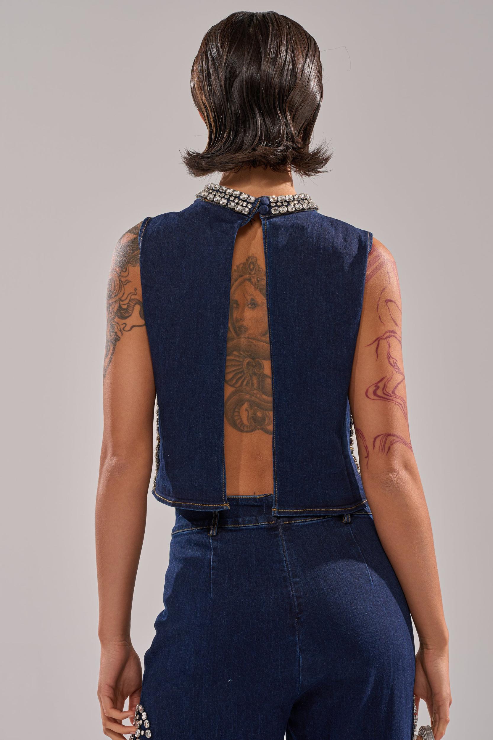 POPPIN OUT RHINESTONE DENIM BLOUSE IN DARK WASH DENIM Product Image