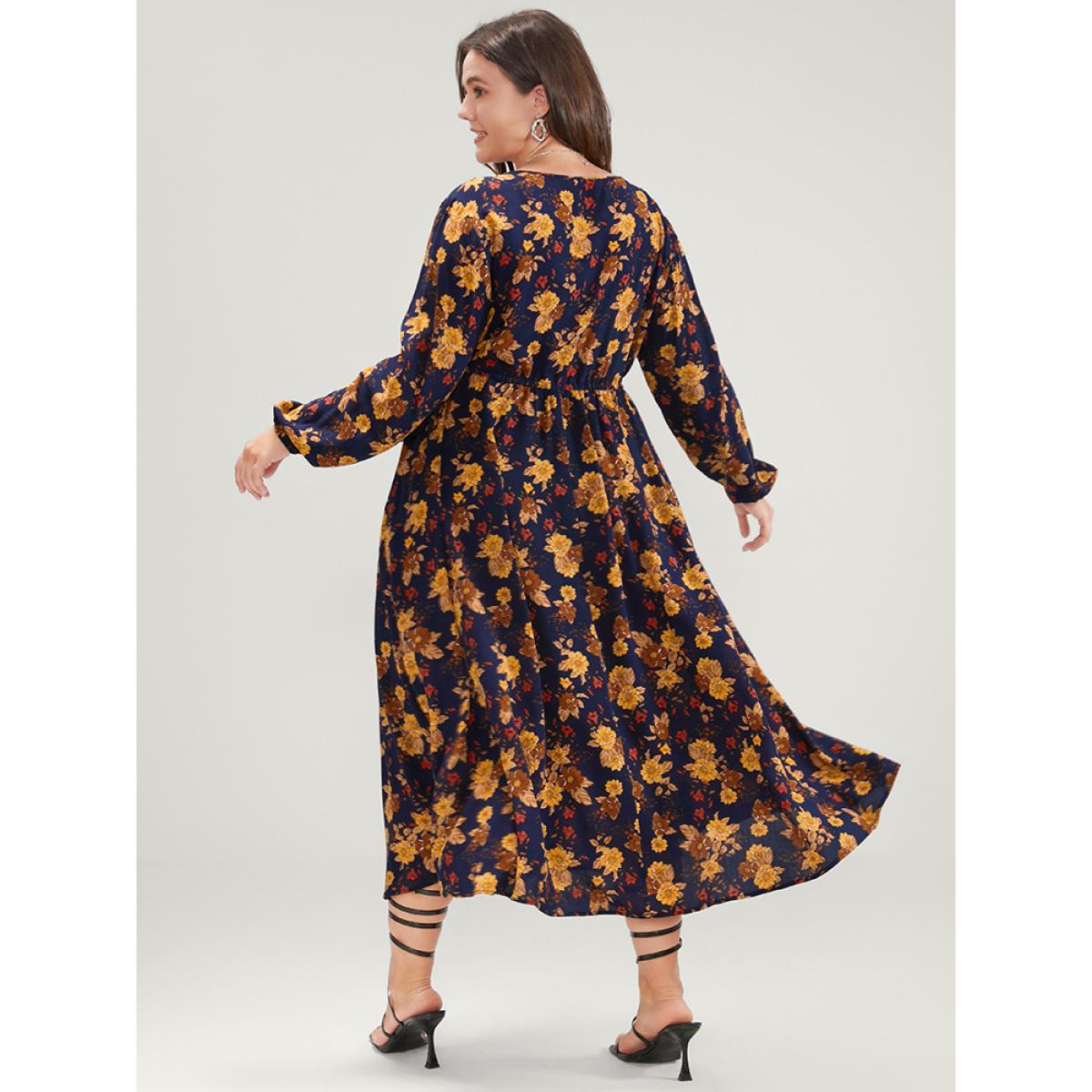 Plus Size Floral Lantern Sleeve Pocket Ties Up Wrap Flutter Dress Midnight Women Elegant Drawstring V-neck Long Sleeve Curvy Midi Dress BloomChic 30/6X Product Image