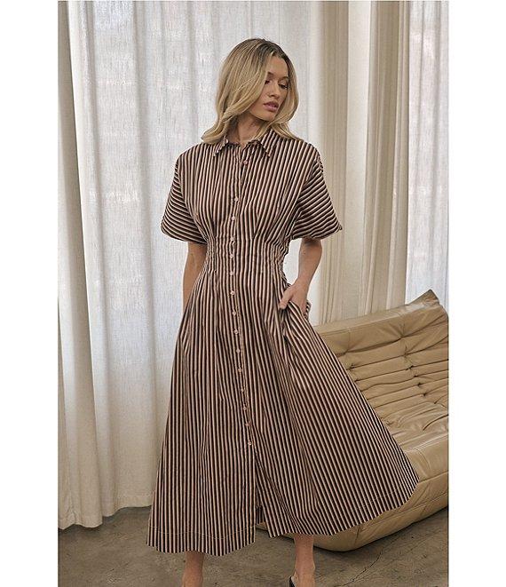 Sugarlips Striped Point Collar Dolman Sleeves Pleated Smocked Button Front Cotton Poplin Dress Product Image