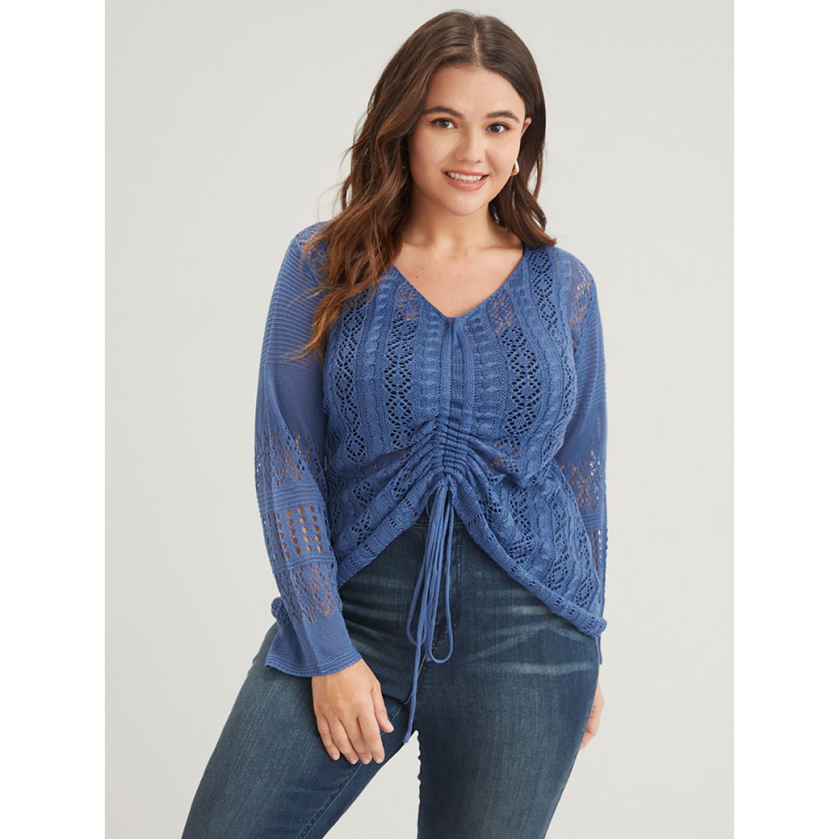 Plus Size Plain Pointelle Knit V Neck Crochet Drawstring Knit Top Blue Women Elegant Long Sleeve V-neck Dailywear Pullovers BloomChic 30/6X Product Image