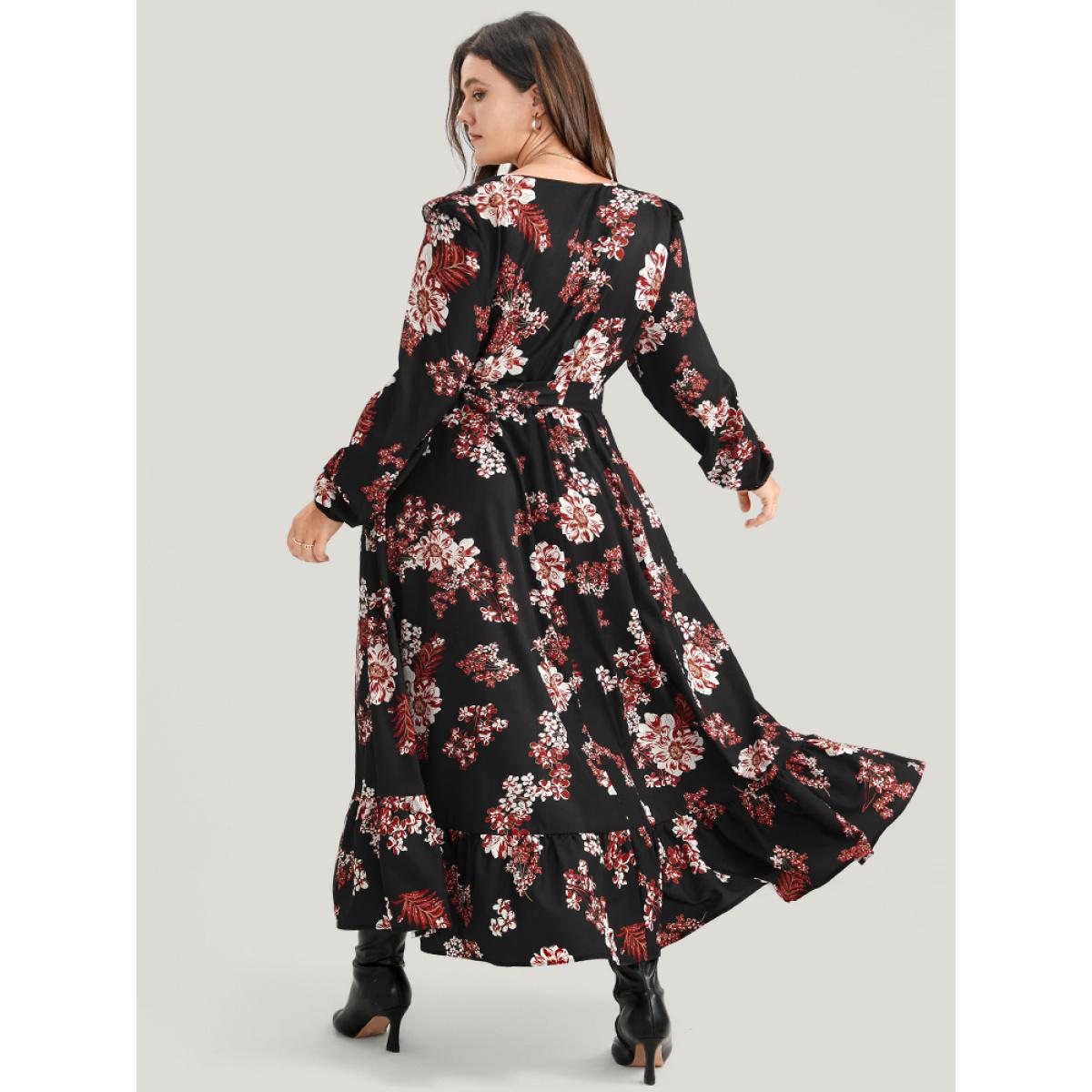 Plus Size Floral Belted Wrap Pocket Lantern Sleeve Split Flutter Dress Black Women Elegant Pocket V-neck Long Sleeve Curvy Midi Dress BloomChic 28/5X Product Image