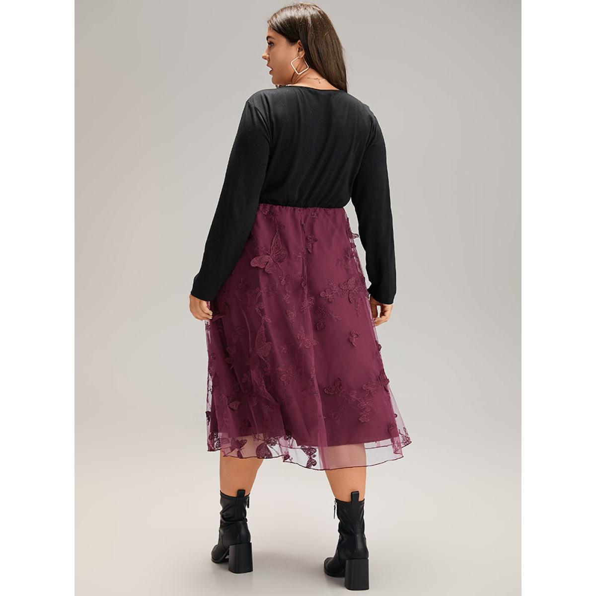 Plus Size Butterfly Graphic Patchwork Mesh Dress Burgundy Women Glamour See through V-neck Long Sleeve Curvy Midi Dress BloomChic 26/4X Product Image