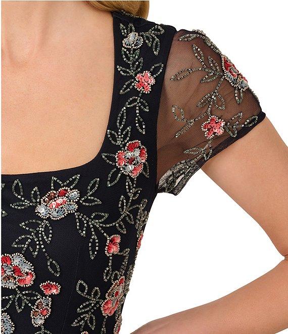 Adrianna Papell Beaded Mesh Floral Print Square Neck Short Sleeve A-Line Gown Product Image